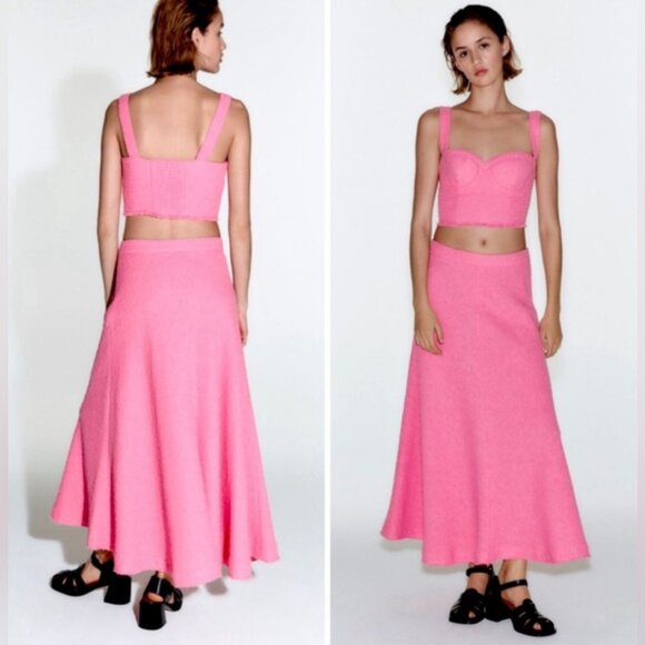 NWT ZARA Textured Tweed Flared Hem Candy Pink Long Skirt‎ 2929/469/633 Size XL - Picture 1 of 16